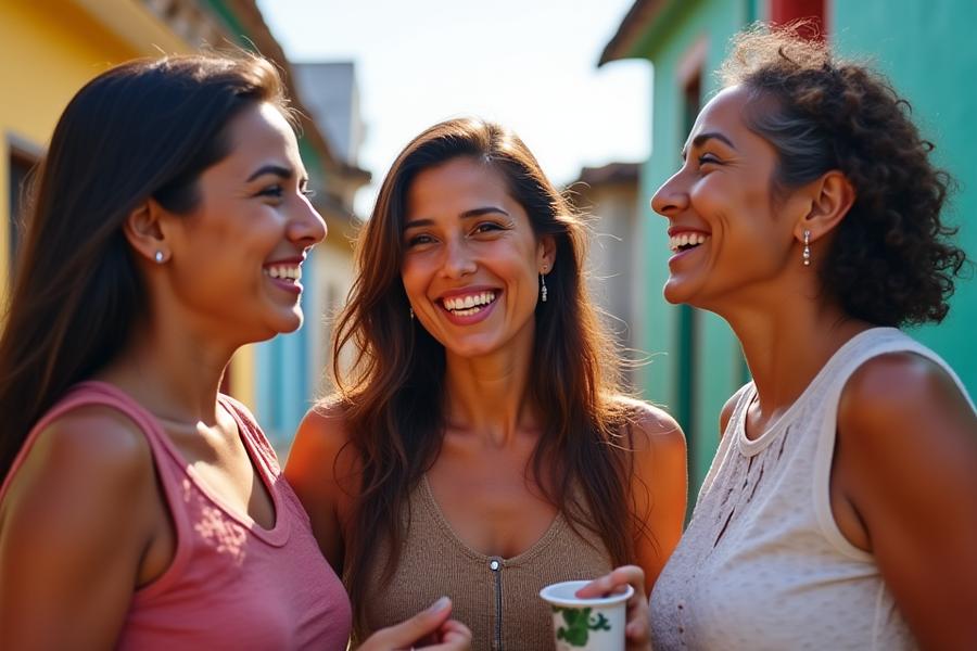 Três mulheres brasileiras sorrindo, de diferentes gerações, interagindo em um ambiente comunitário vibrante, simbolizando empoderamento e sucesso feminino em um projeto social.