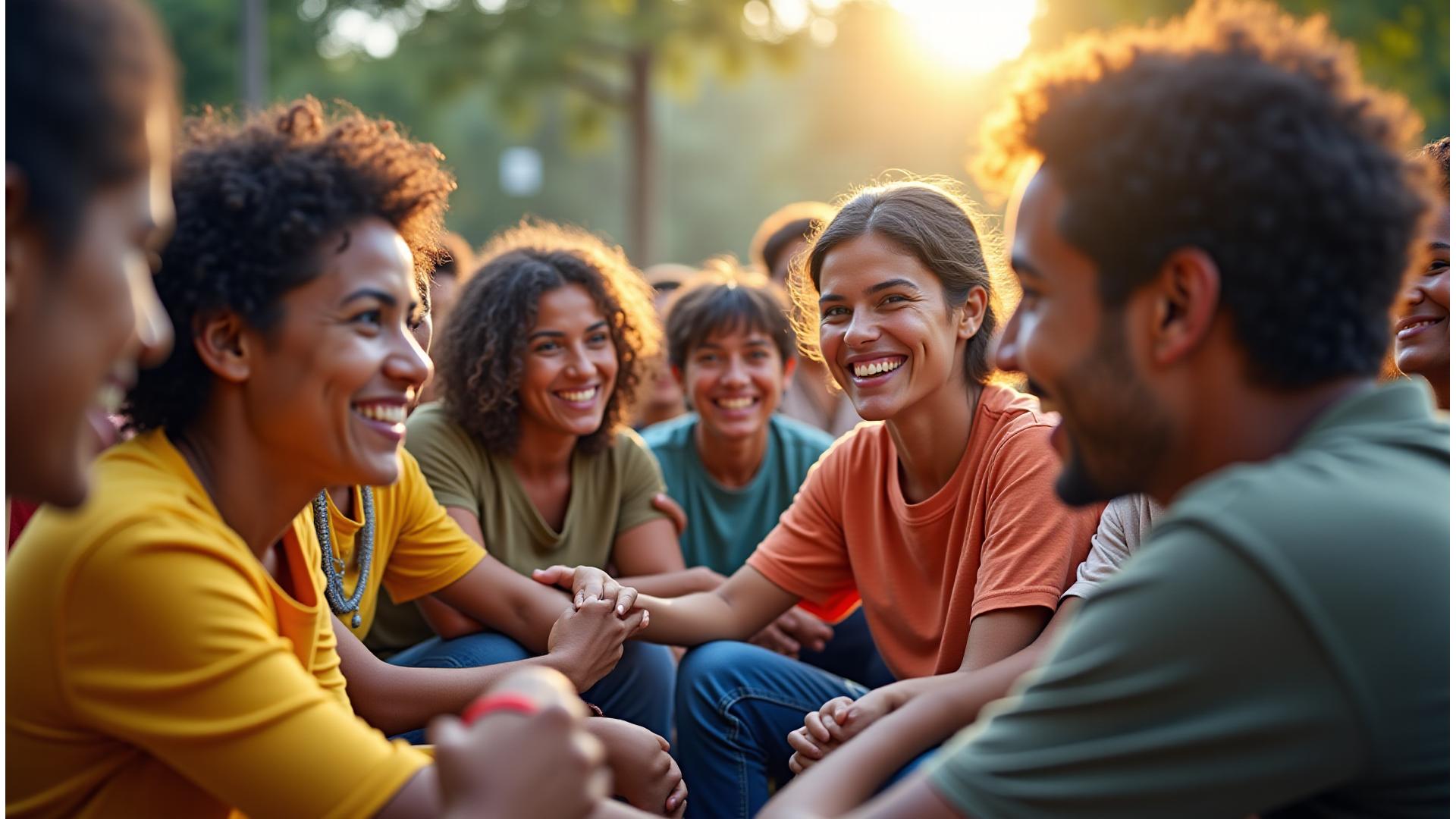 Grupo diverso de pessoas de todas as idades, etnias e habilidades unidas, sorrindo em um ambiente comunitário inspirador, com foco em inclusão e equidade.
