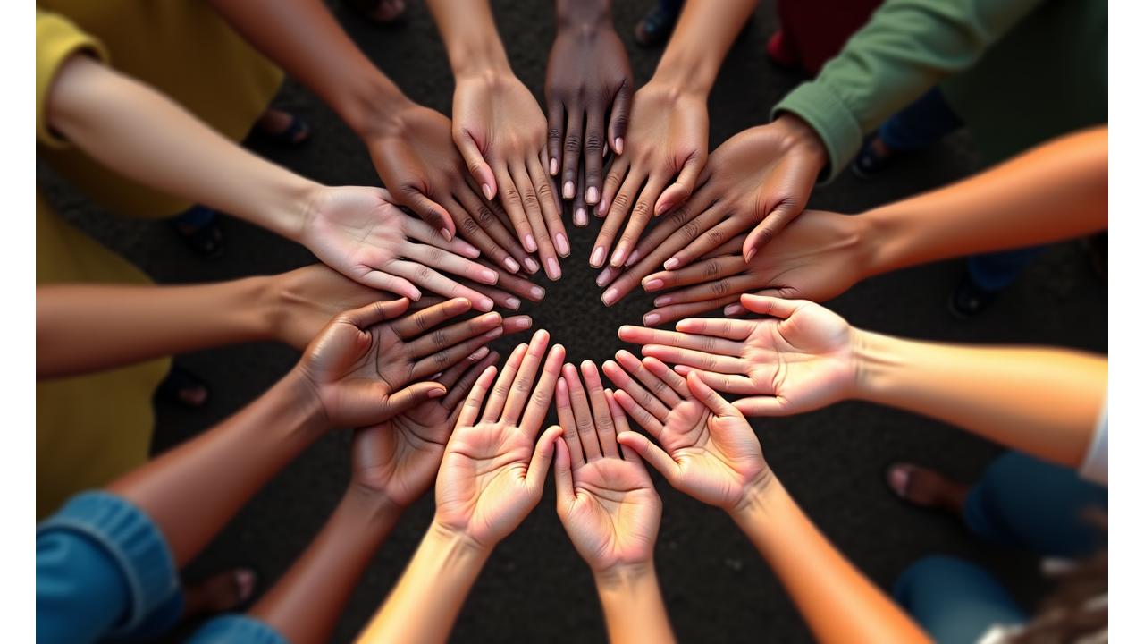 Diversas mãos de diferentes etnias e idades se juntando no centro, simbolizando colaboração e união de movimentos sociais no Brasil.