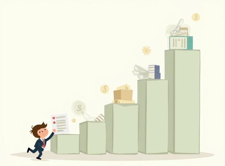 Gráfico de barra ascendente com moedas e documentos, simbolizando economia e sucesso em auditoria. Uma figura sorrindo com um checklist concluído.