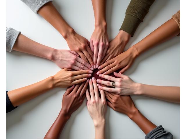 Mãos de pessoas diversas se unindo em gesto de parceria e sucesso colaborativo.