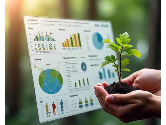 Dashboard de análise de impacto social com gráficos e dados, simbolizando mensuração e transparência.
