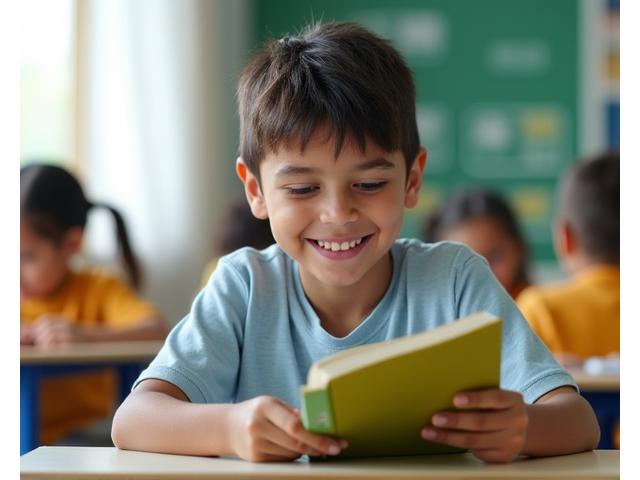 Criança feliz estudando, com gráficos de progresso em educação ao fundo.