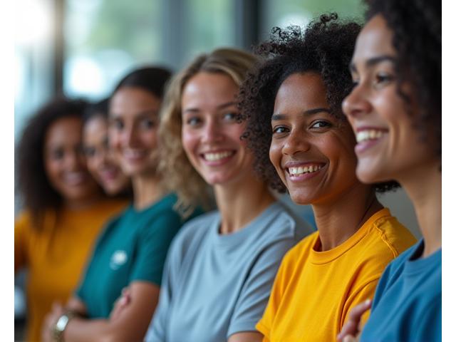 Pessoas diversas sorrindo em um ambiente inclusivo de trabalho, com símbolos de valor econômico.