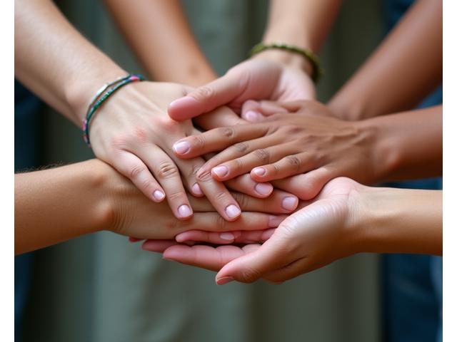 Mãos de várias pessoas se unindo em um gesto de apoio e comunidade, simbolizando suporte contínuo.