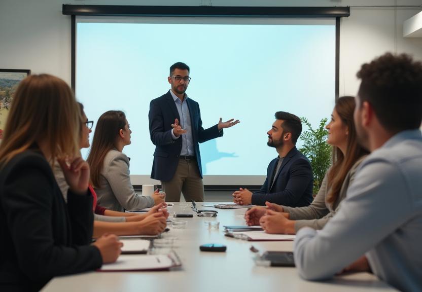 Grupo de profissionais de ONGs engajados em um workshop de capacitação, com facilitador experiente no centro. Ambiente colaborativo e moderno.