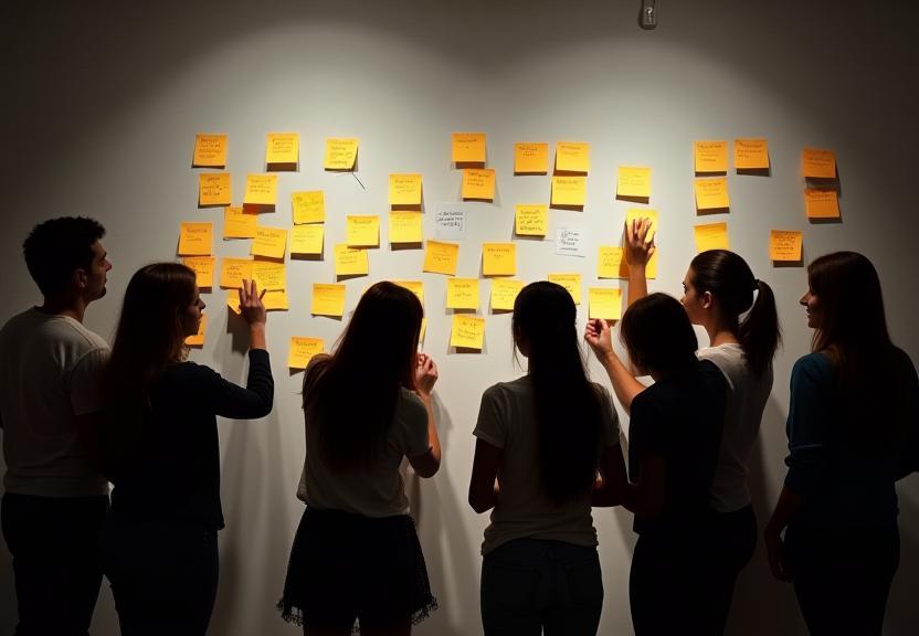 Pessoas participando de uma atividade interativa em um treinamento, escrevendo ideias em post-its em um quadro branco. Atmosfera dinâmica e engajadora.