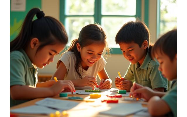 Crianças engajadas em atividades lúdicas de aprendizado em uma escola comunitária, simbolizando educação integral.