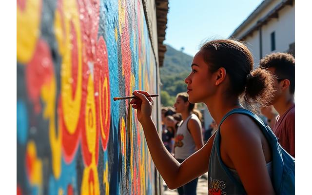 Jovens em uma oficina de grafite vibrante em uma comunidade, com arte colorida nas paredes, representando acesso à cultura via Lei Rouanet.