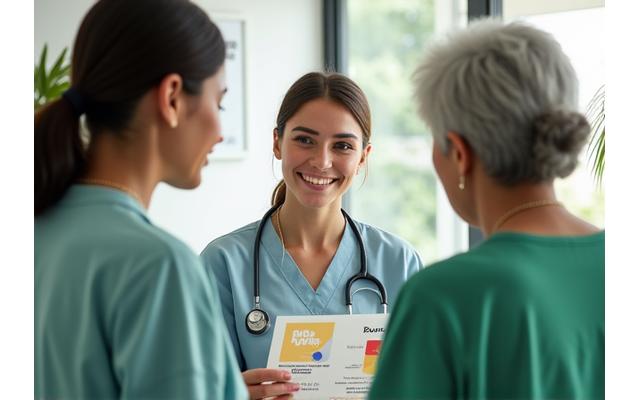 Profissionais de saúde orientando pacientes em um posto de saúde comunitário, focando na prevenção de doenças.