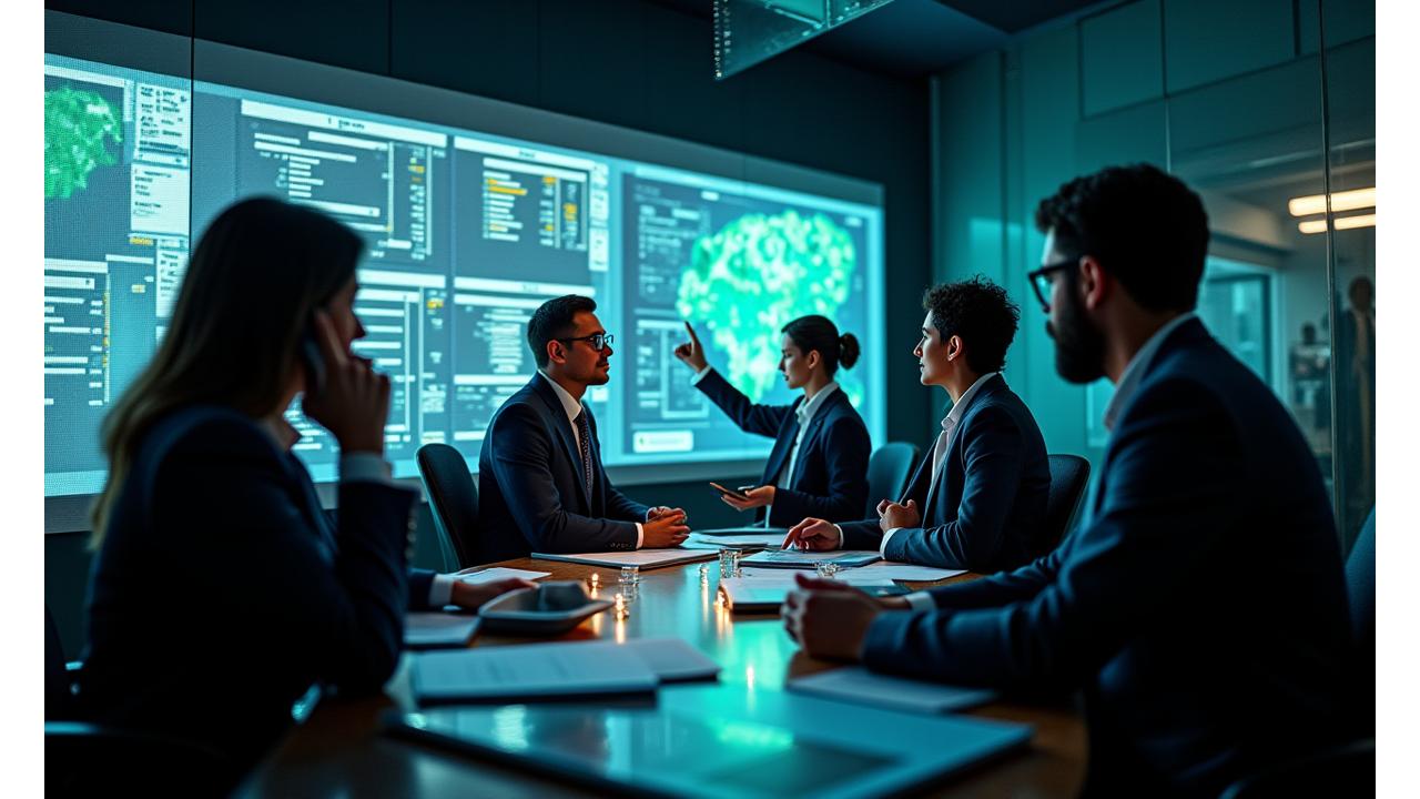 Equipe de resposta a emergências em sala de situação, focados em telas com dados, transmitindo urgência e prontidão.