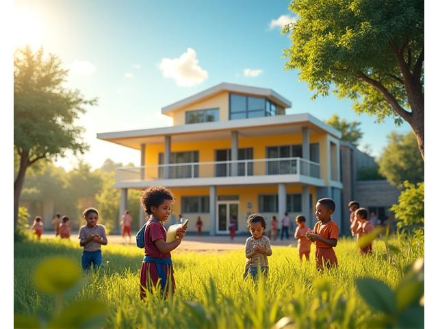 Representação visual de sucesso e impacto social positivo: gráficos ascendentes, pessoas em ambiente de aprendizado e edifícios escolares modernos ao fundo, simbolizando a melhoria na educação em São Gonçalo, RJ.