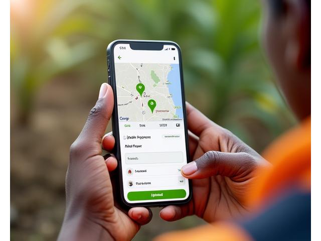 Representação de um smartphone com um aplicativo corporativo aberto, mostrando um mapa, formulários e opções de upload de fotos, indicando uso em campo para coleta de dados.