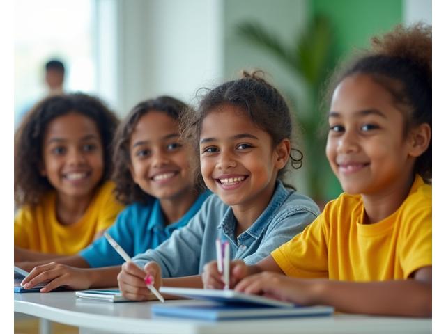 Crianças felizes em uma sala de aula colorida, aprendendo com tablets