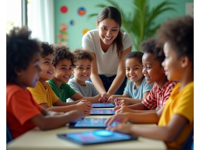 Professor e alunos engajados em uma sala de aula vibrante no Brasil, simbolizando o impacto da educação