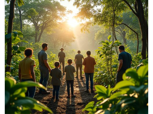Grupo de voluntários plantando árvores em uma floresta nativa no Brasil, simbolizando a sustentabilidade ambiental