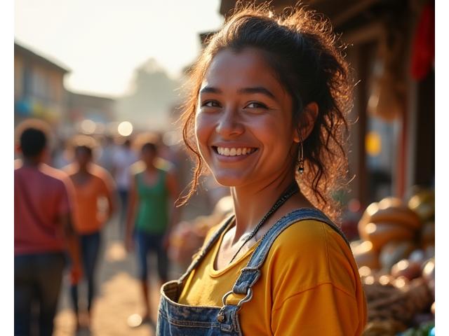 Jovem empreendedora oferecendo produtos agrícolas em uma feira comunitária no Brasil, simbolizando o combate à pobreza e o empoderamento econômico