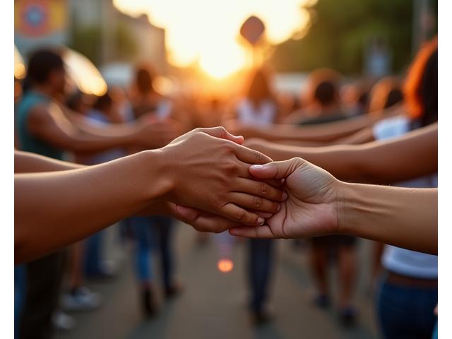 Diversas mãos dadas em ato por direitos humanos no Brasil, simbolizando união e inclusão