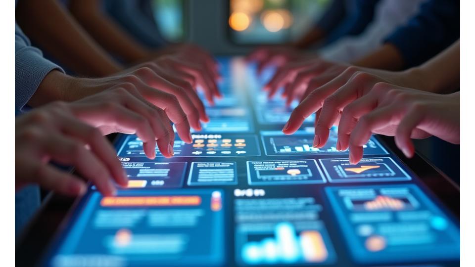 Mãos de pessoas diversas mexendo em telas interativas de um painel digital, mostrando participação cívica em plataformas modernas.