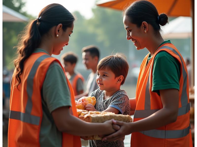 Criança recebendo pacote de ajuda humanitária durante enchente no Vale do Itajaí, com adultos organizando os suprimentos ao fundo, transmitindo esperança e solidariedade.