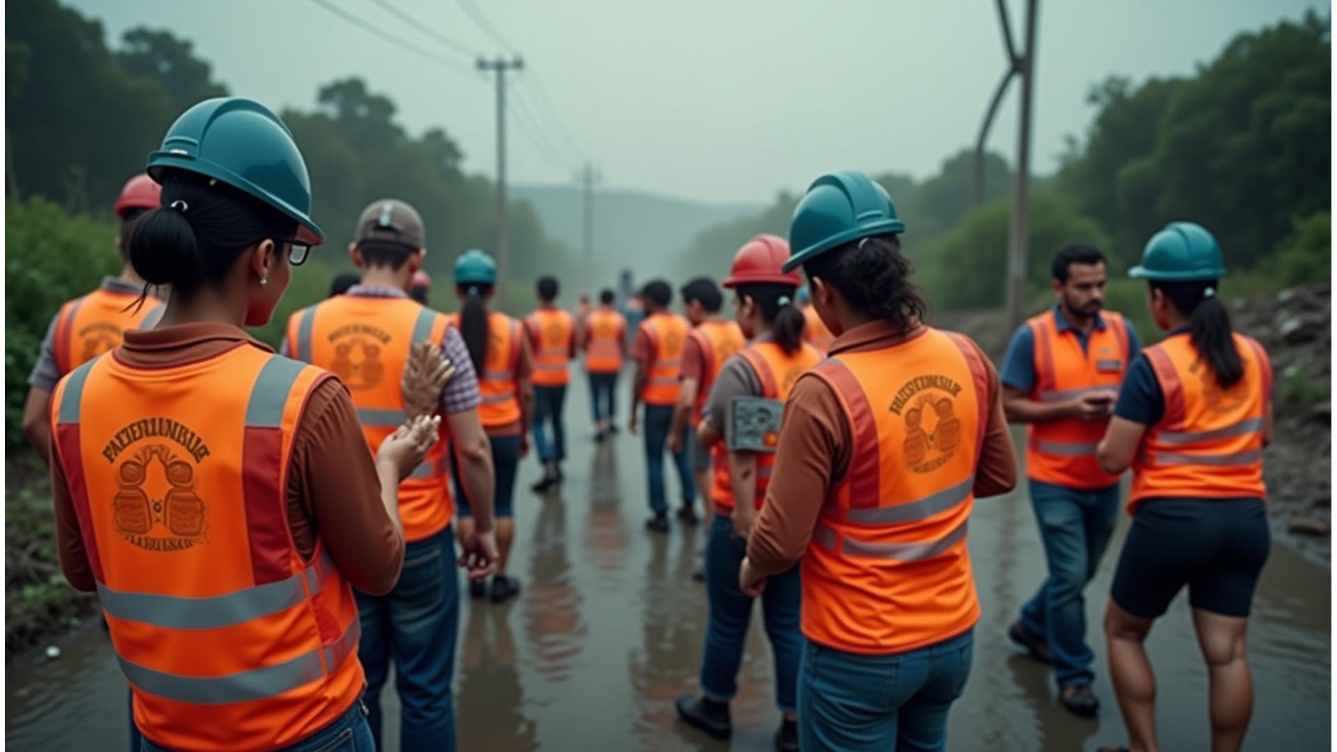 Equipe de resposta a desastres humanitários agindo em cenário de crise, com foco e urgência