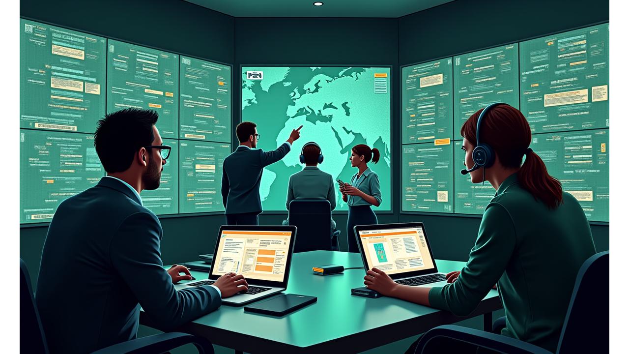 Equipe de consultores da Vexaro Sustentável em sala de comando, analisando mapas e dados em tempo real para planejamento de resposta a emergências.